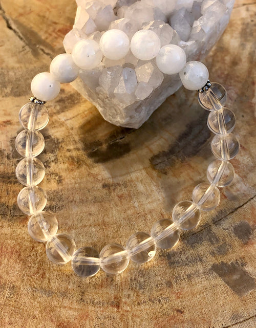 Load image into Gallery viewer, Rainbow Moonstone &amp; Crystal Quartz Stretch Bracelet! Genuine Crystals!
